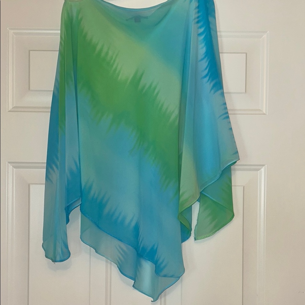 Daisy Fuentes Women's Poncho Top Blue/Green OSFM NWOT Cover up Sheer Work Beach